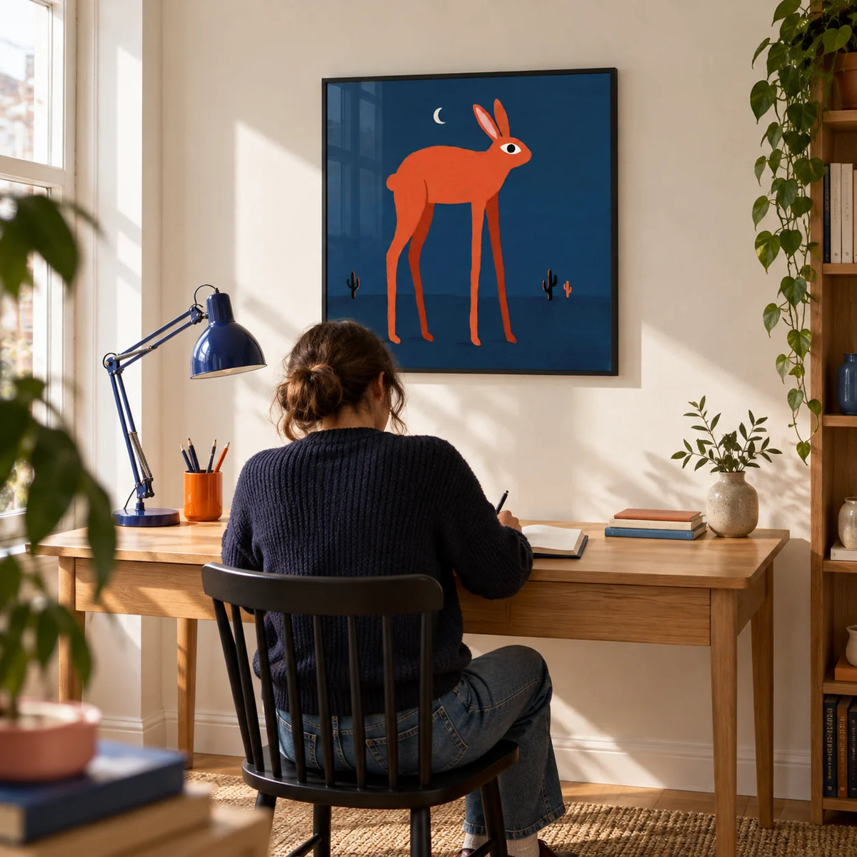 Orange Rabbit Wall Art, framed on the wall of a bright creative home study in a UK city flat with a warm white wall