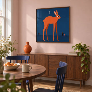 Orange Rabbit Wall Art, framed on the wall of a compact contemporary dining nook in a UK flat with pale pink walls