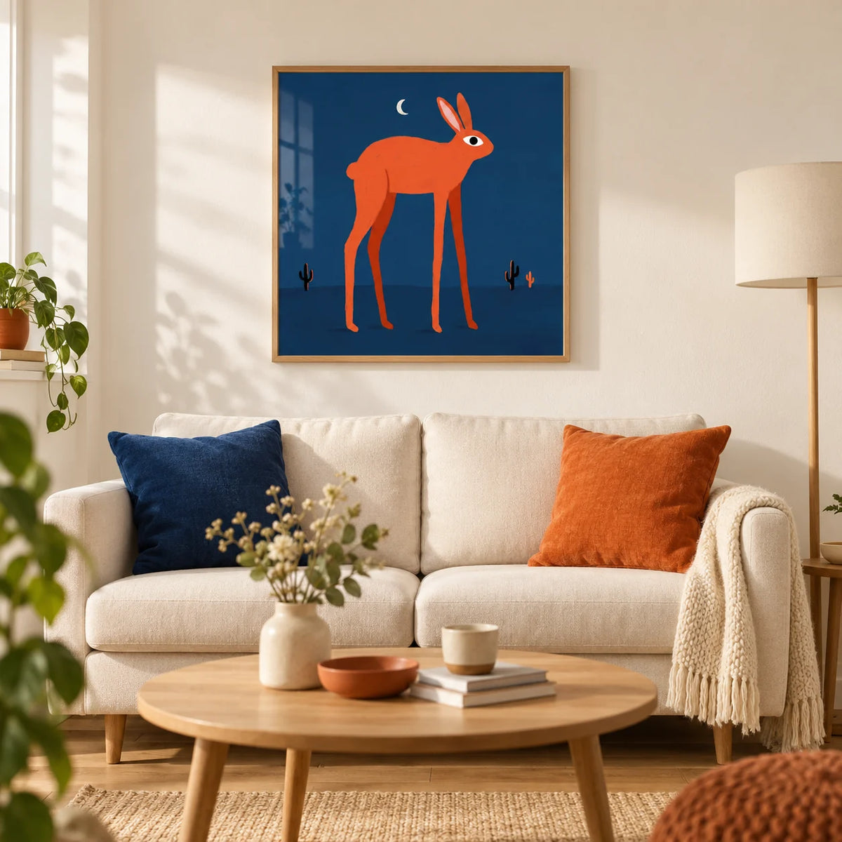 Orange Rabbit Wall Art, framed on the wall of a contemporary living room in a UK first flat (22-30) with warm white walls and an oak floor
