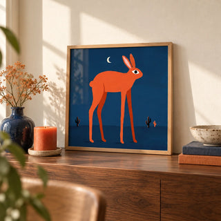 Orange Rabbit Wall Art, a small A4 framed print leaning on a walnut shelf in a living room