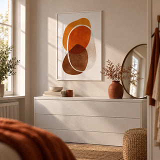 Orange Shapes Art Print, framed on the wall of a calm dressing area