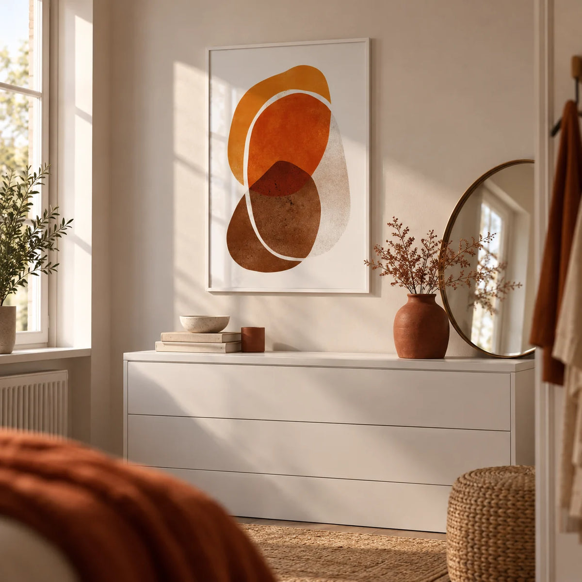 Orange Shapes Art Print, framed on the wall of a calm dressing area