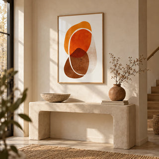 Orange Shapes Art Print, framed on the wall of a calm entryway