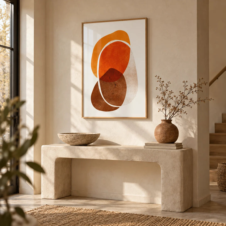 Orange Shapes Art Print, framed on the wall of a calm entryway