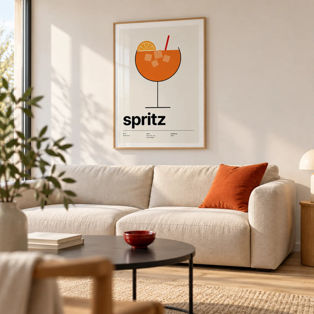 Orange Spritz Print, framed on the wall of a crisp contemporary living room in a first owned flat with warm white walls and a pale oak floor