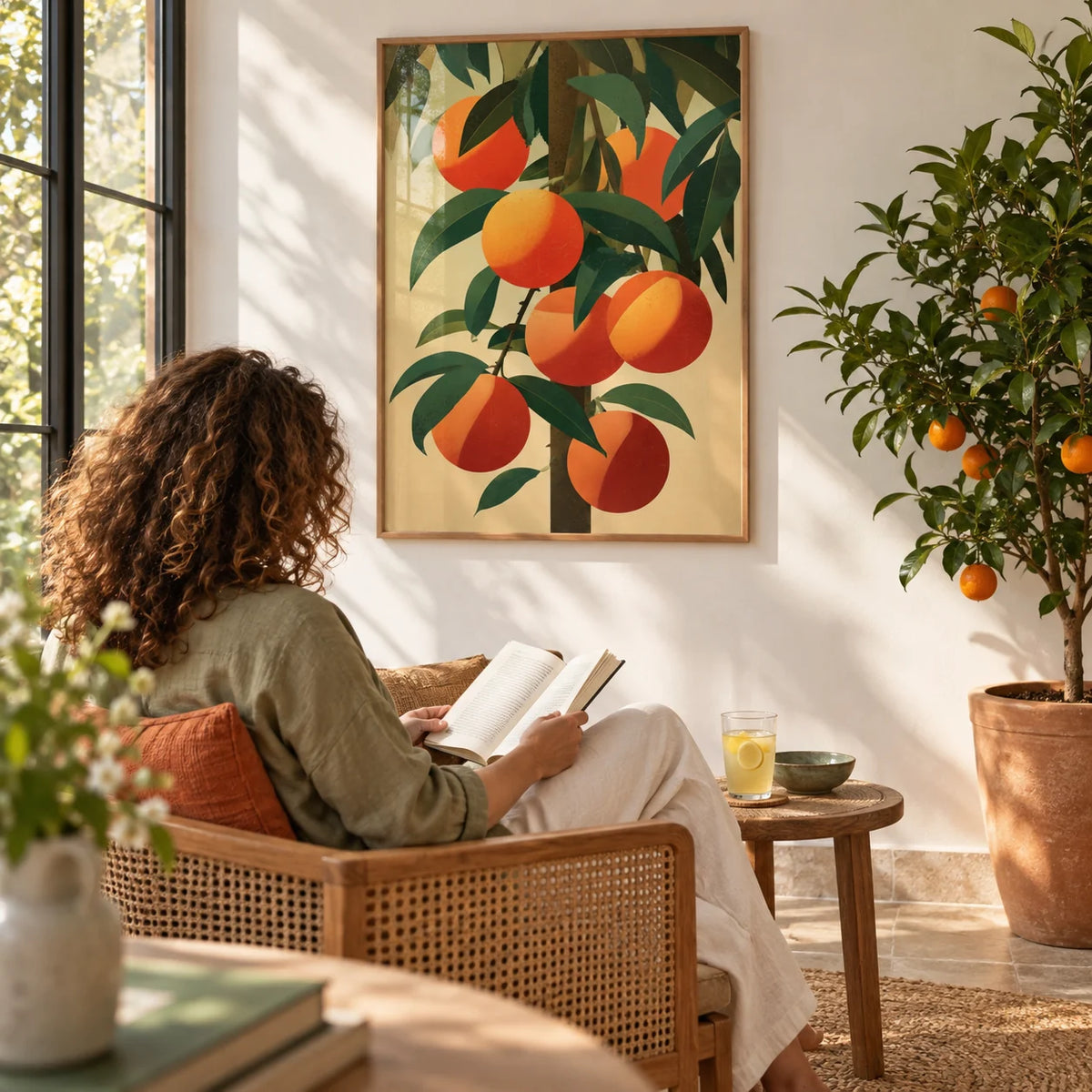 Orange Tree Art, framed on the wall of a bright garden room with a white wall and a potted orange tree in the corner in a living room
