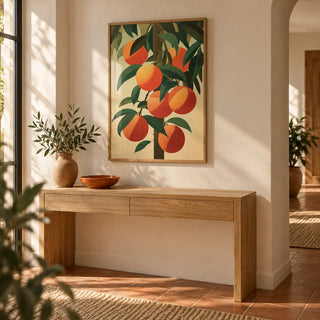 Orange Tree Art, framed on the wall of a bright hallway with a beige wall and a terracotta floor