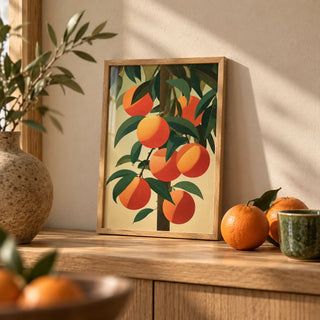 Orange Tree Art, a small A4 framed print leaning on an oak shelf in a living room