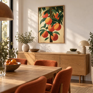 Orange Tree Art, framed on the wall of a warm dining room with a white wall