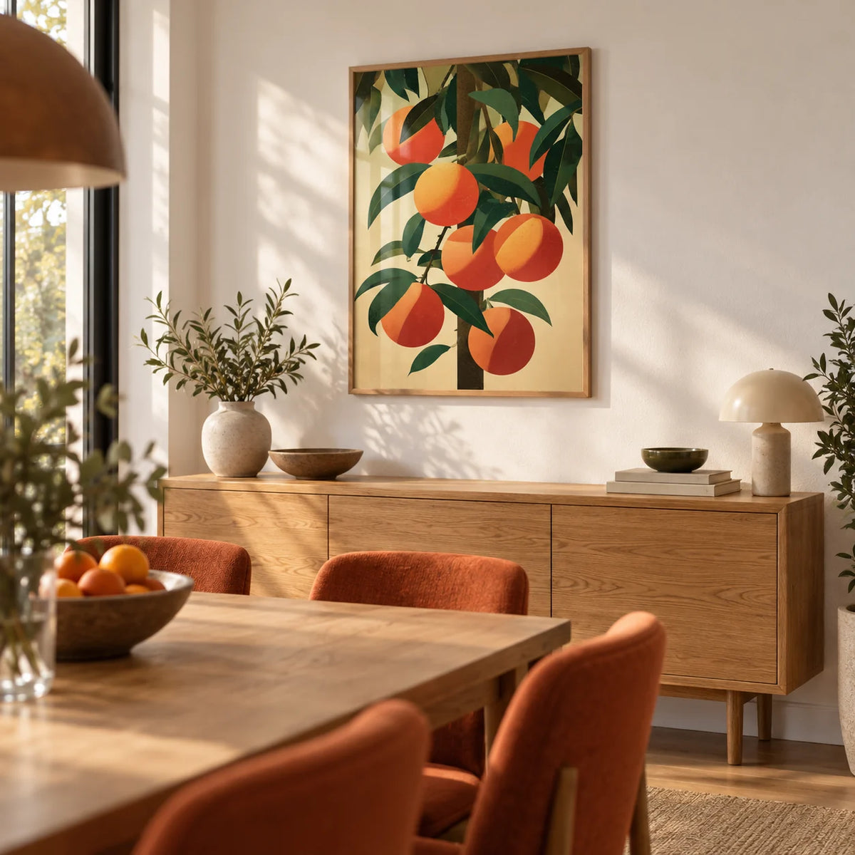 Orange Tree Art, framed on the wall of a warm dining room with a white wall