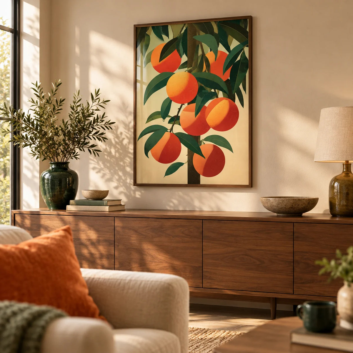 Orange Tree Art, framed on the wall of a warm living room with a soft beige wall