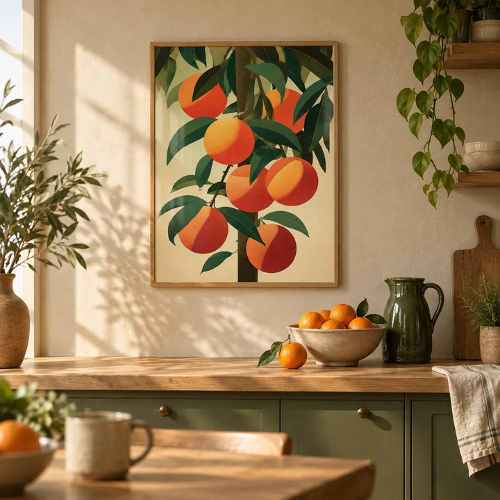 Orange Tree Art, framed on the wall of a warm modern kitchen with a beige plaster wall
