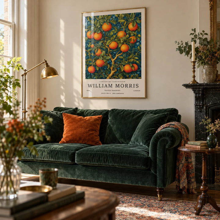 Orange Tree Wall Art, framed on the wall of a classic Victorian living room with a pale beige wall