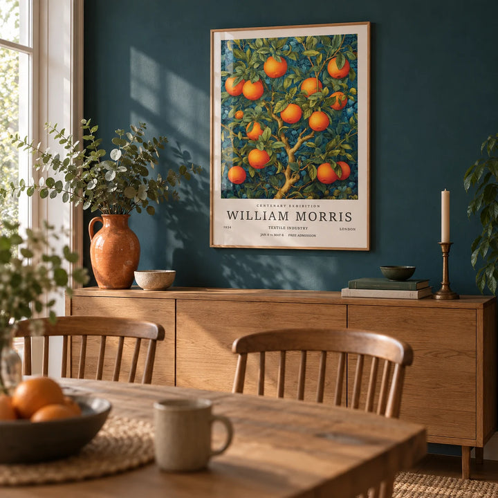 Orange Tree Wall Art, framed on the wall of a dining room with a deep teal painted wall
