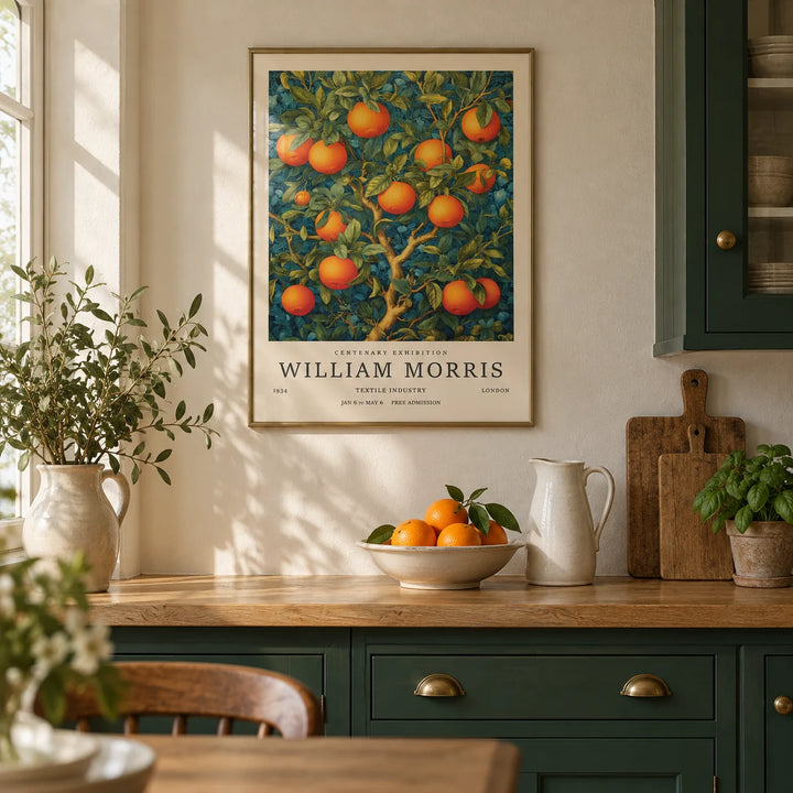 Orange Tree Wall Art, framed on the wall of a heritage kitchen with deep green painted cabinets and a cream wall