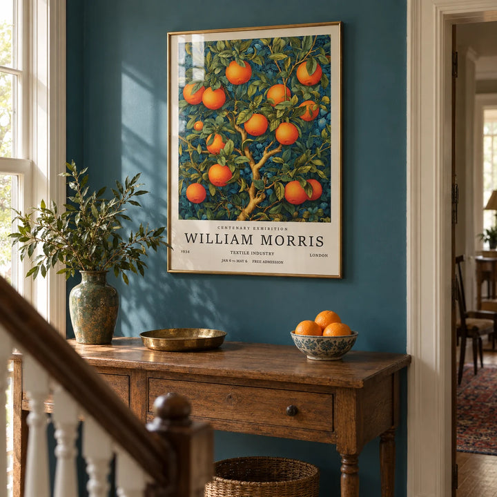 Orange Tree Wall Art, framed on the wall of a period hallway with a teal blue wall
