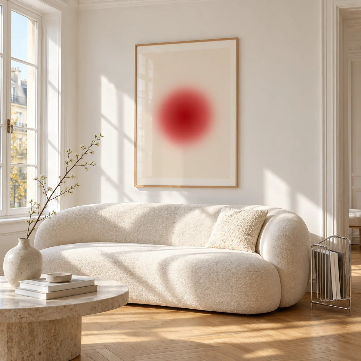 Orb Print, framed on the wall of a bright living room corner