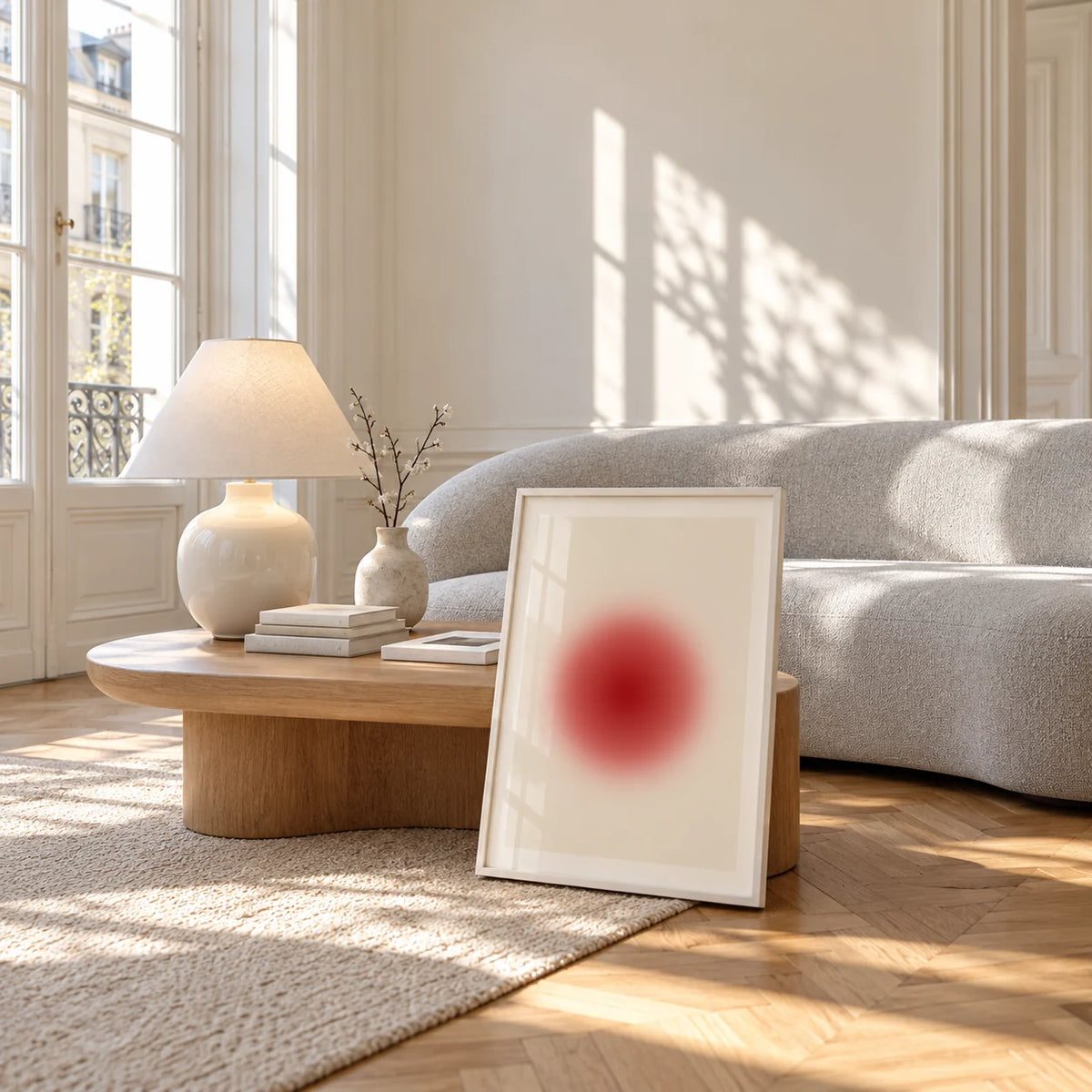 Orb Print, framed and leaning against a coffee table in a bright living room