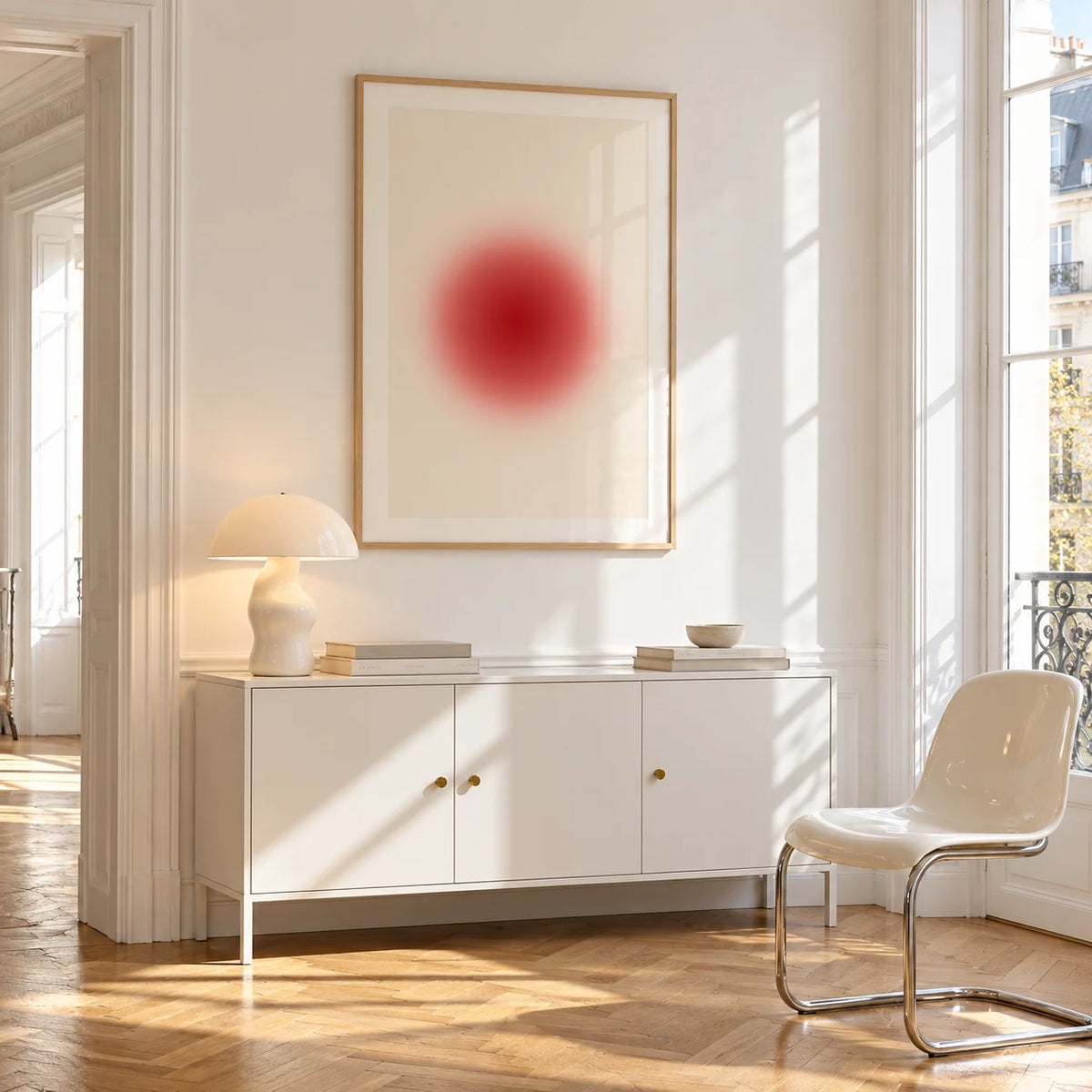 Orb Print, framed on the wall of a bright Paris style apartment in a living room