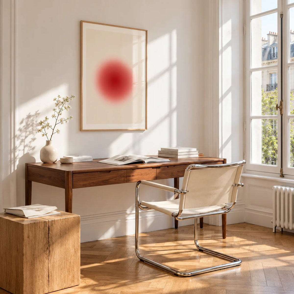 Orb Print, framed on the wall of a bright study corner with a tall white paned window