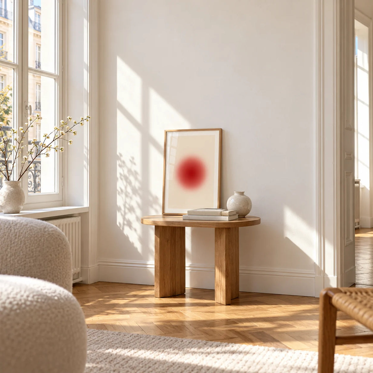 Orb Print, a small A4 framed print leaning on a small solid oak side table