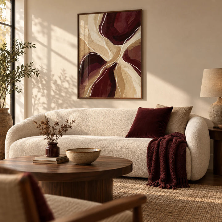 Organic Abstract Art Print, framed on the wall of a warm modern living room