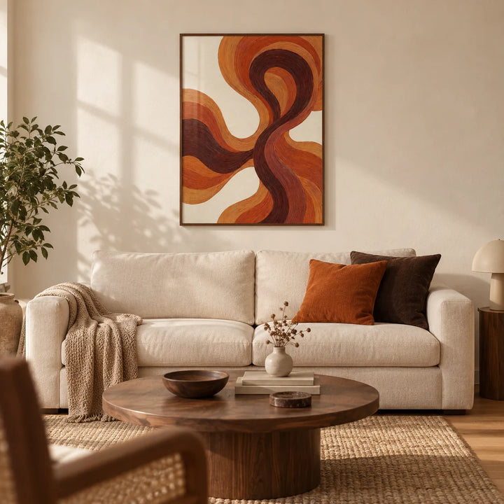 Organic Line Poster, framed on the wall of a warm modern living room in a UK flat with a cream plaster wall and oak flooring