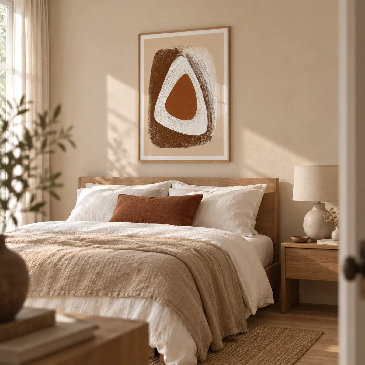 Organic Minimalist Wall Art, framed on the wall of a calm organic modern bedroom with a pale clay wall and light oak floor