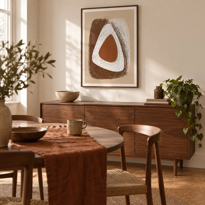 Organic Minimalist Wall Art, framed on the wall of a compact contemporary dining room in a UK flat with warm white walls and a cork floor