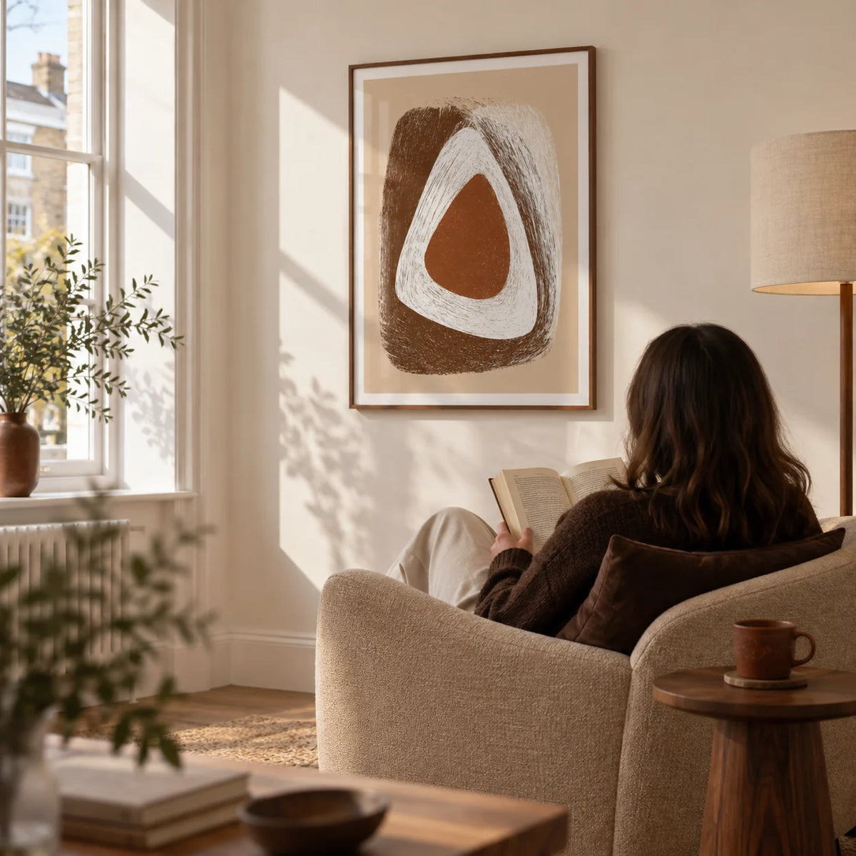 Organic Minimalist Wall Art, framed on the wall of a quiet reading corner in a UK flat with a warm white wall and a tall window in a living room