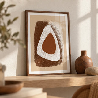 Organic Minimalist Wall Art, a small A4 framed print leaning on a pale oak shelf in a living room