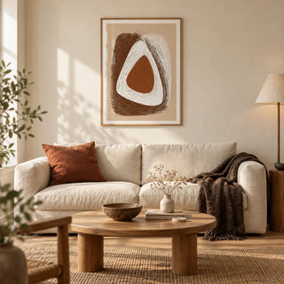 Organic Minimalist Wall Art, framed on the wall of a warm minimalist living room in a UK terraced home with ivory plaster walls and an oak floor