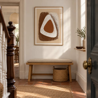 Organic Minimalist Wall Art, framed on the wall of a welcoming hallway in a Victorian terrace with chalk-white walls and terracotta floor tiles
