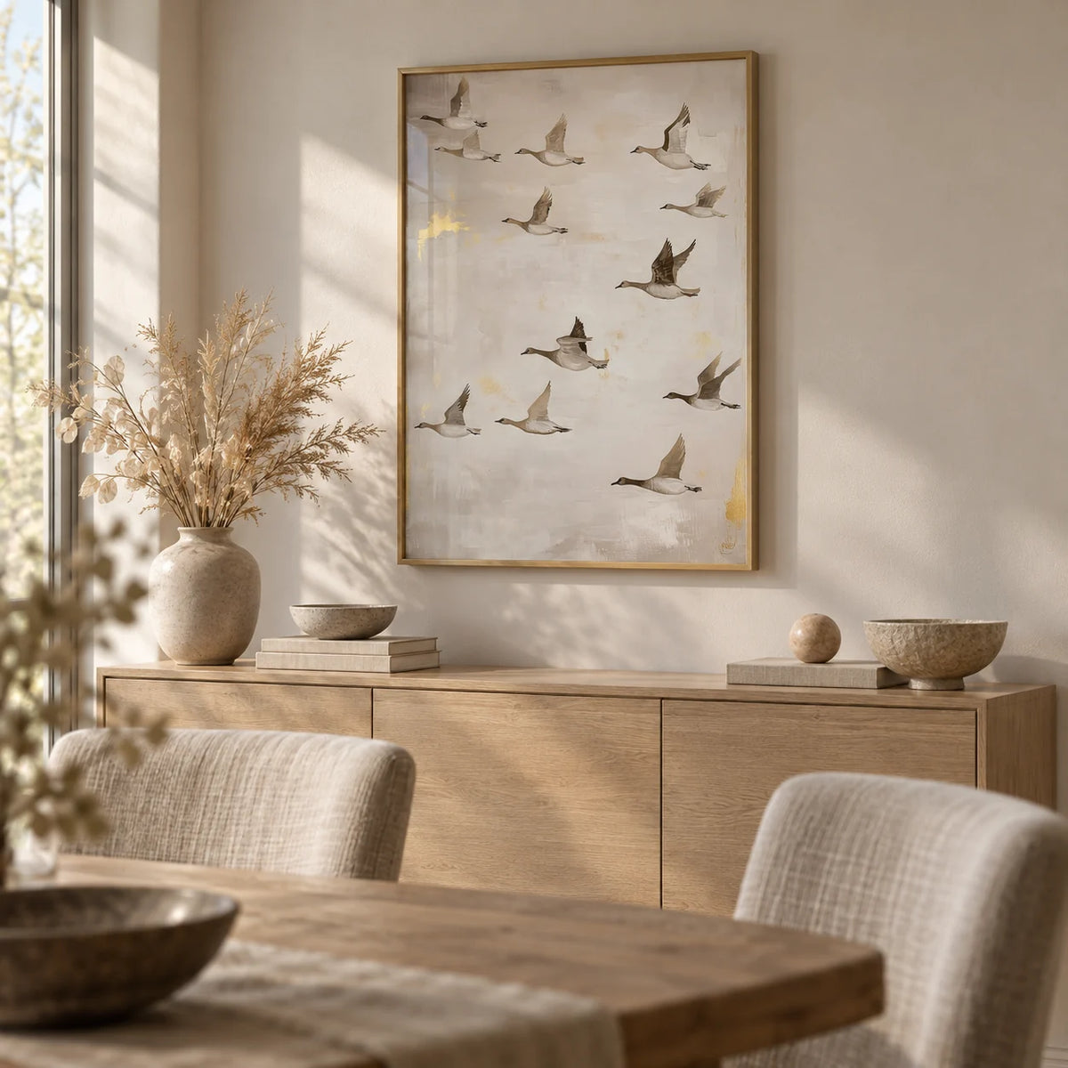 Oriental Artwork, framed on the wall of a calm dining room