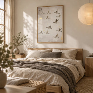 Oriental Artwork, framed on the wall of a serene Japandi bedroom