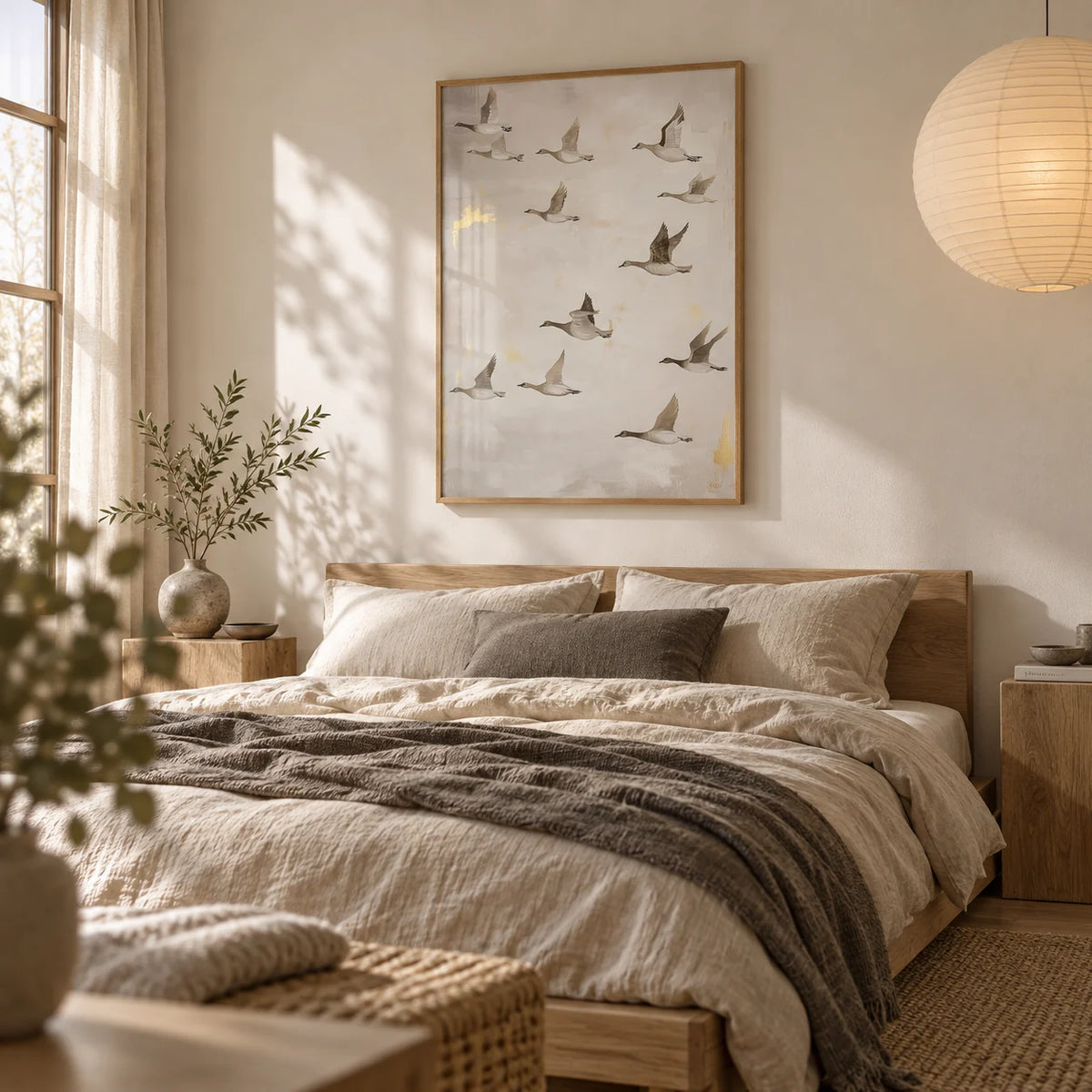 Oriental Artwork, framed on the wall of a serene Japandi bedroom