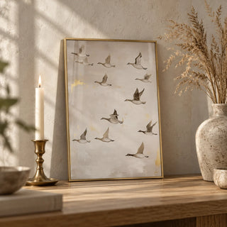Oriental Artwork, a small A4 framed print leaning on an oak shelf in a living room