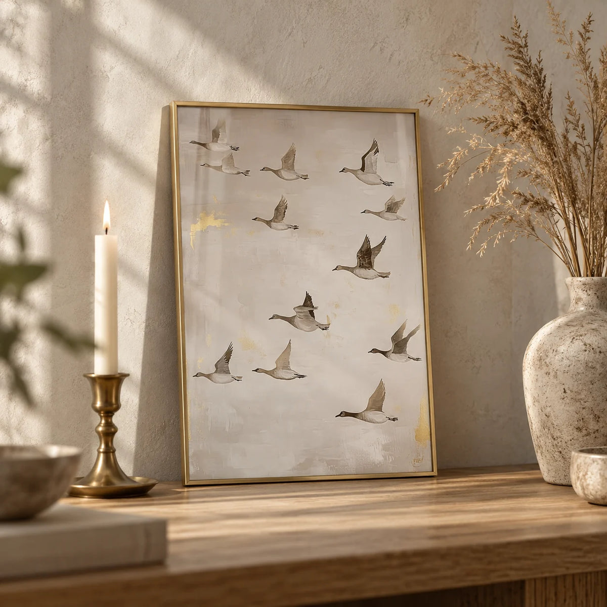 Oriental Artwork, a small A4 framed print leaning on an oak shelf in a living room