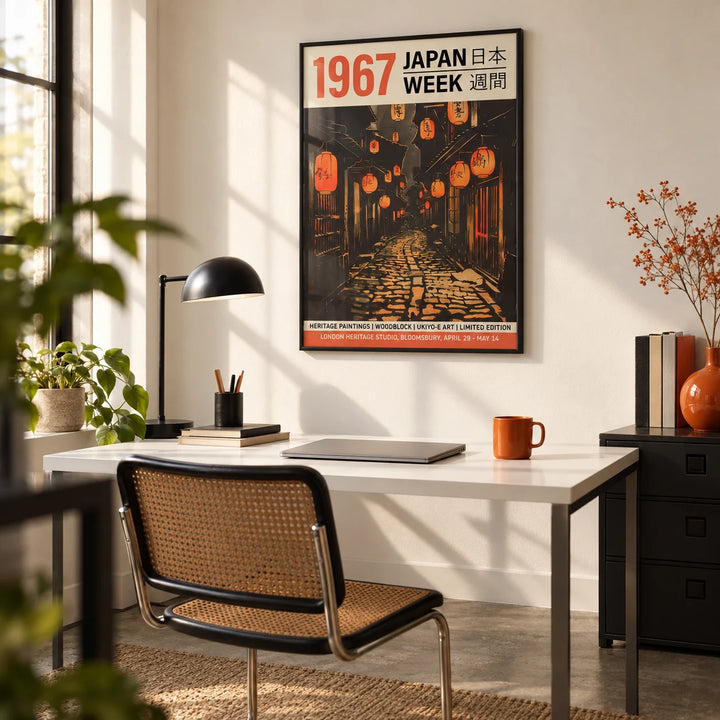 Oriental Asian Wall Art, framed on the wall of a design-led home studio in a home office