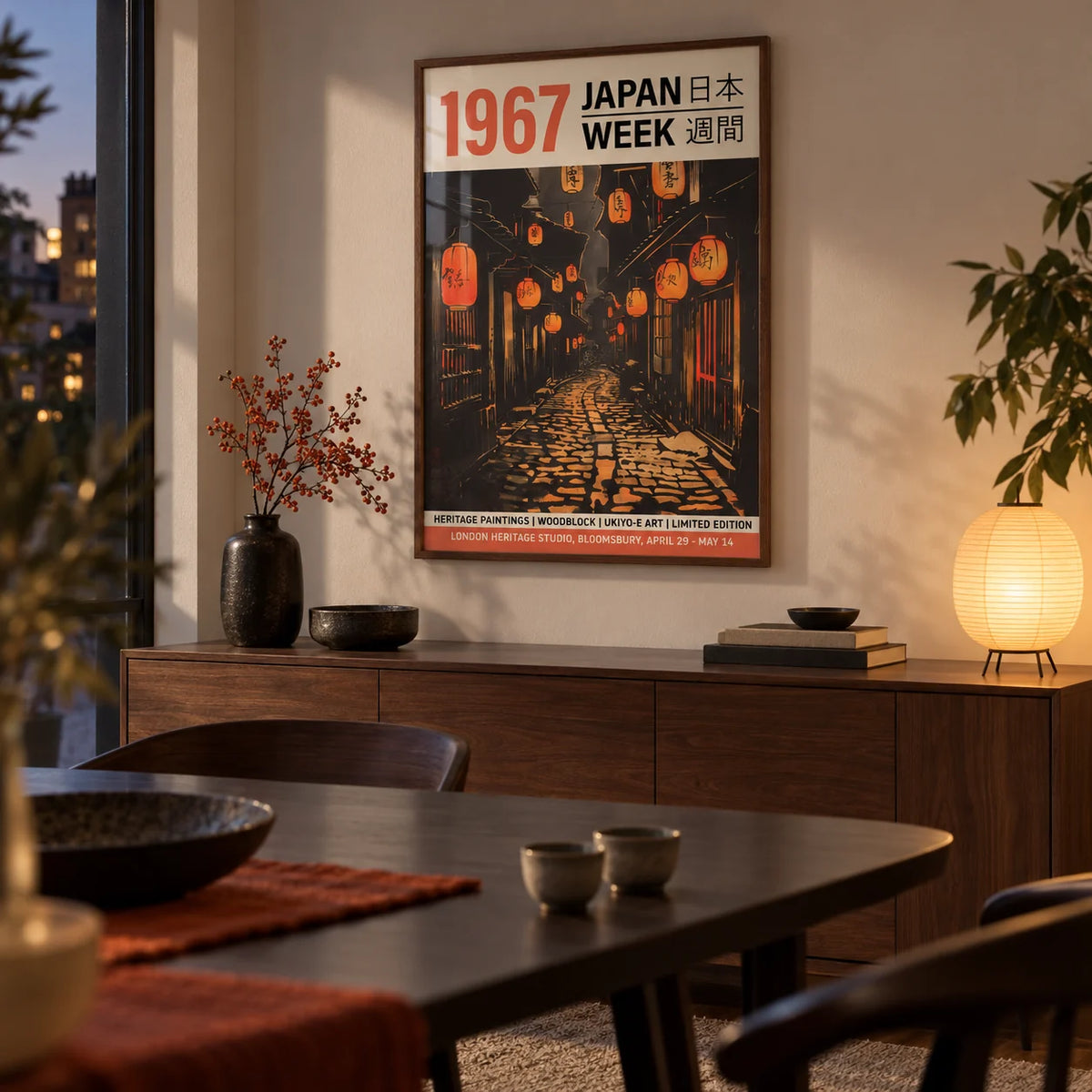 Oriental Asian Wall Art, framed on the wall of a modern dining room in the evening