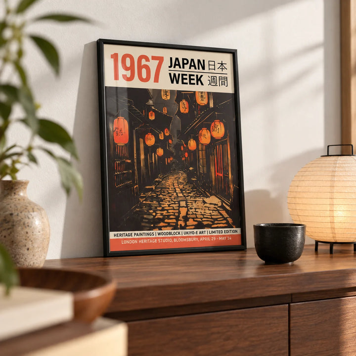 Oriental Asian Wall Art, a small A4 framed print leaning on a walnut shelf in a living room