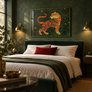 Oriental Wall Art, framed on the wall of a moody luxe bedroom with deep green limewashed walls