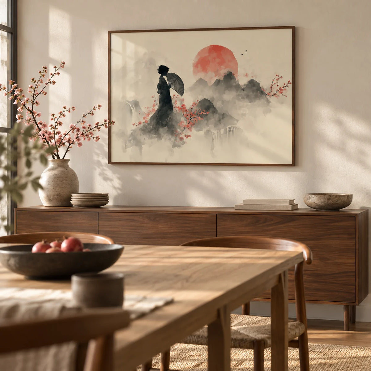 Oriental Wall Art Poster, framed on the wall of a calm dining room with a warm white wall
