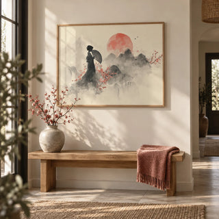 Oriental Wall Art Poster, framed on the wall of a calm entrance hall with a cream wall