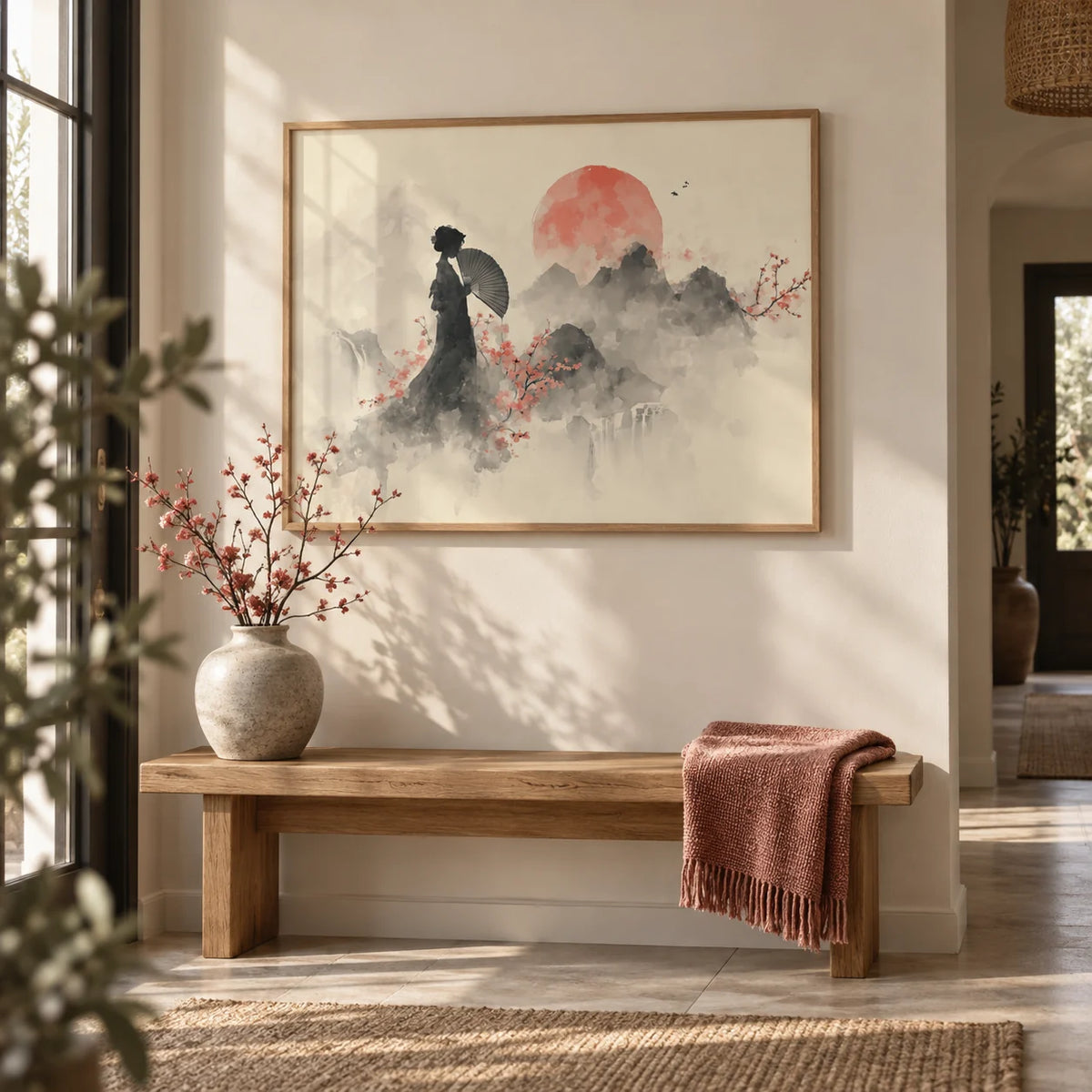 Oriental Wall Art Poster, framed on the wall of a calm entrance hall with a cream wall