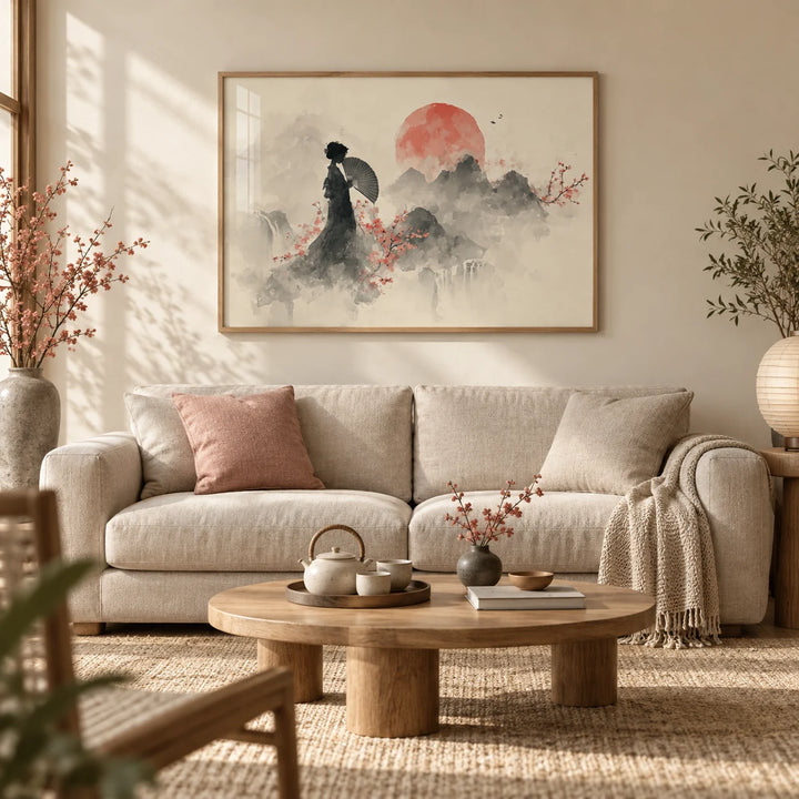 Oriental Wall Art Poster, framed on the wall of a calm Japandi living room with a warm cream wall
