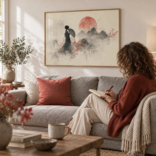 Oriental Wall Art Poster, framed on the wall of a calm living room with a soft white wall