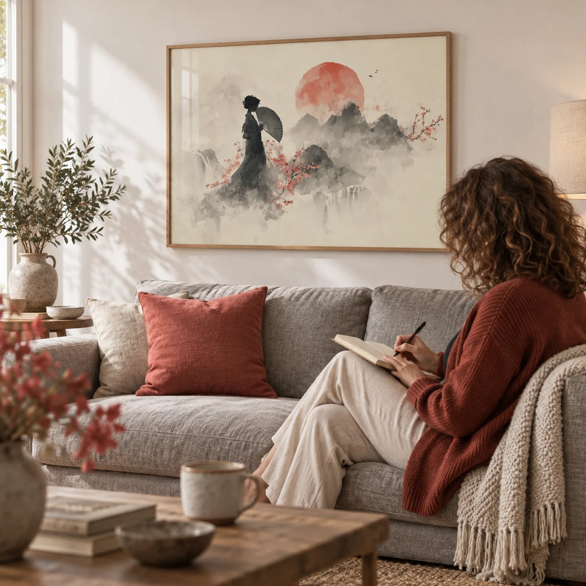 Oriental Wall Art Poster, framed on the wall of a calm living room with a soft white wall