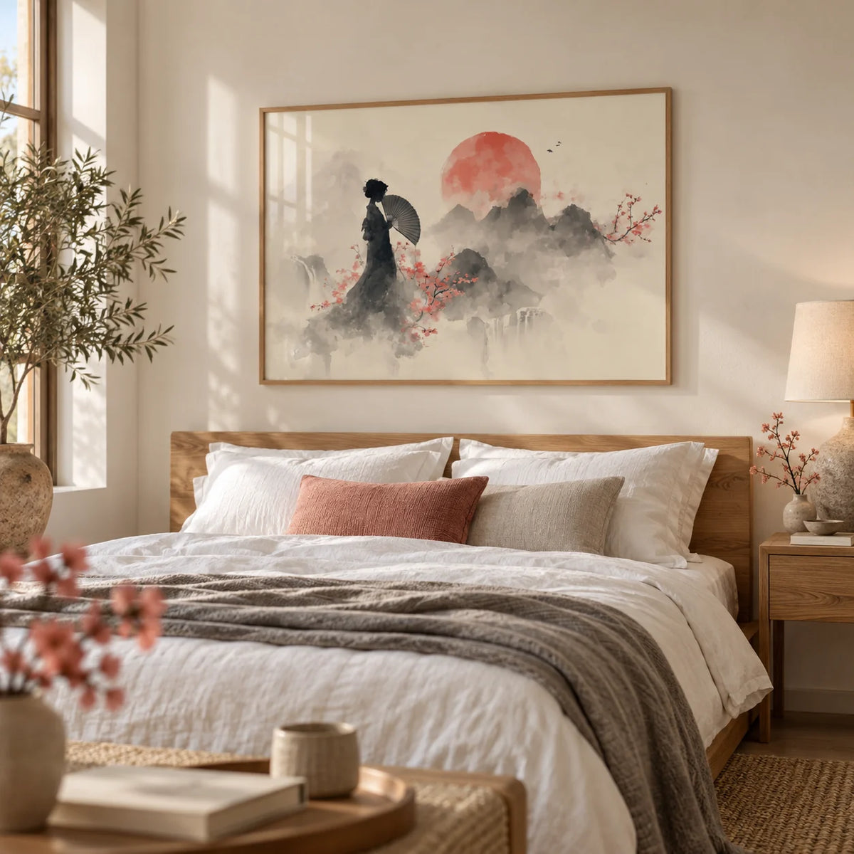 Oriental Wall Art Poster, framed on the wall of a serene bedroom with a soft cream wall