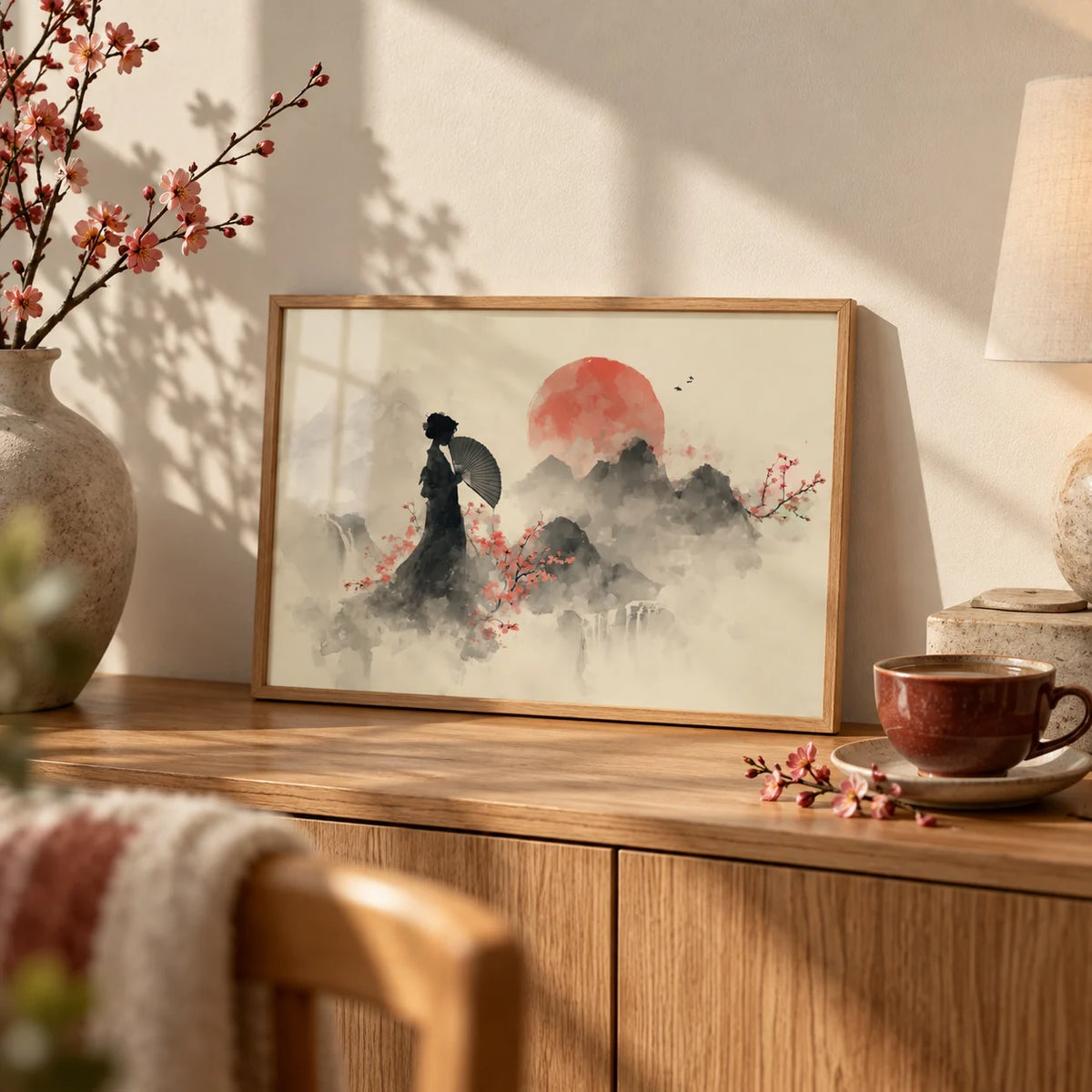 Oriental Wall Art Poster, a small A4 framed print leaning on an oak sideboard in a living room